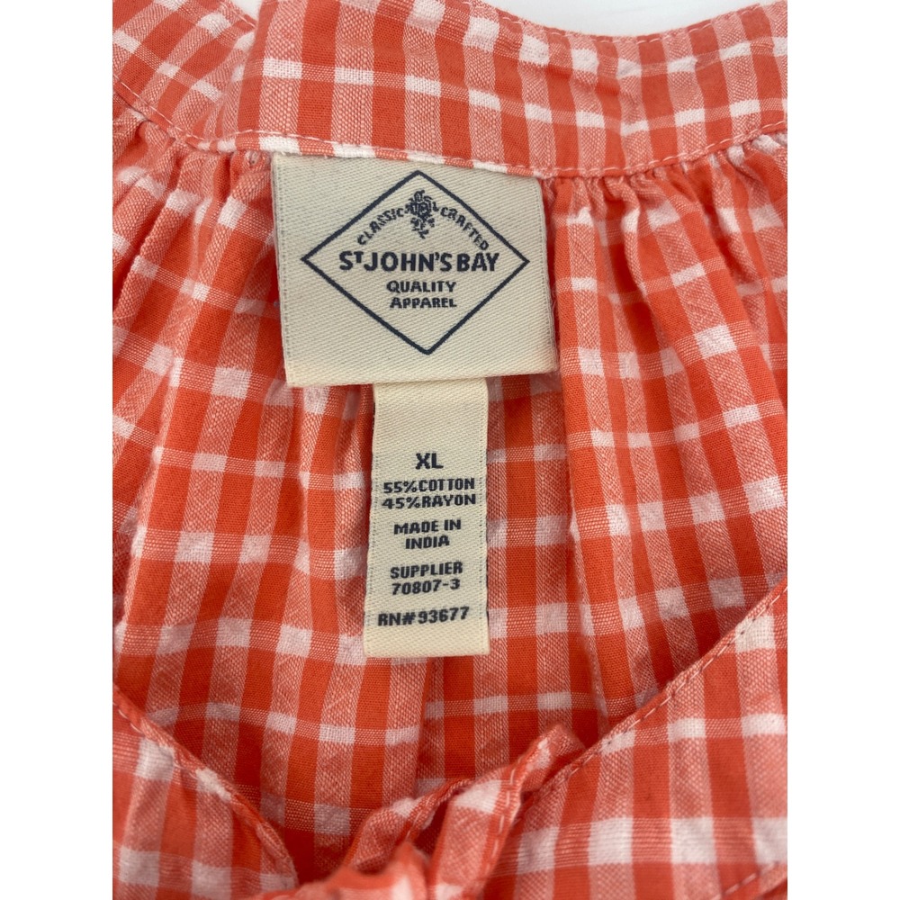 St. John's Bay Blouse XL Orange Gingham Puff Sleeve Keyhole Neck Excellent - Picture 3 of 6